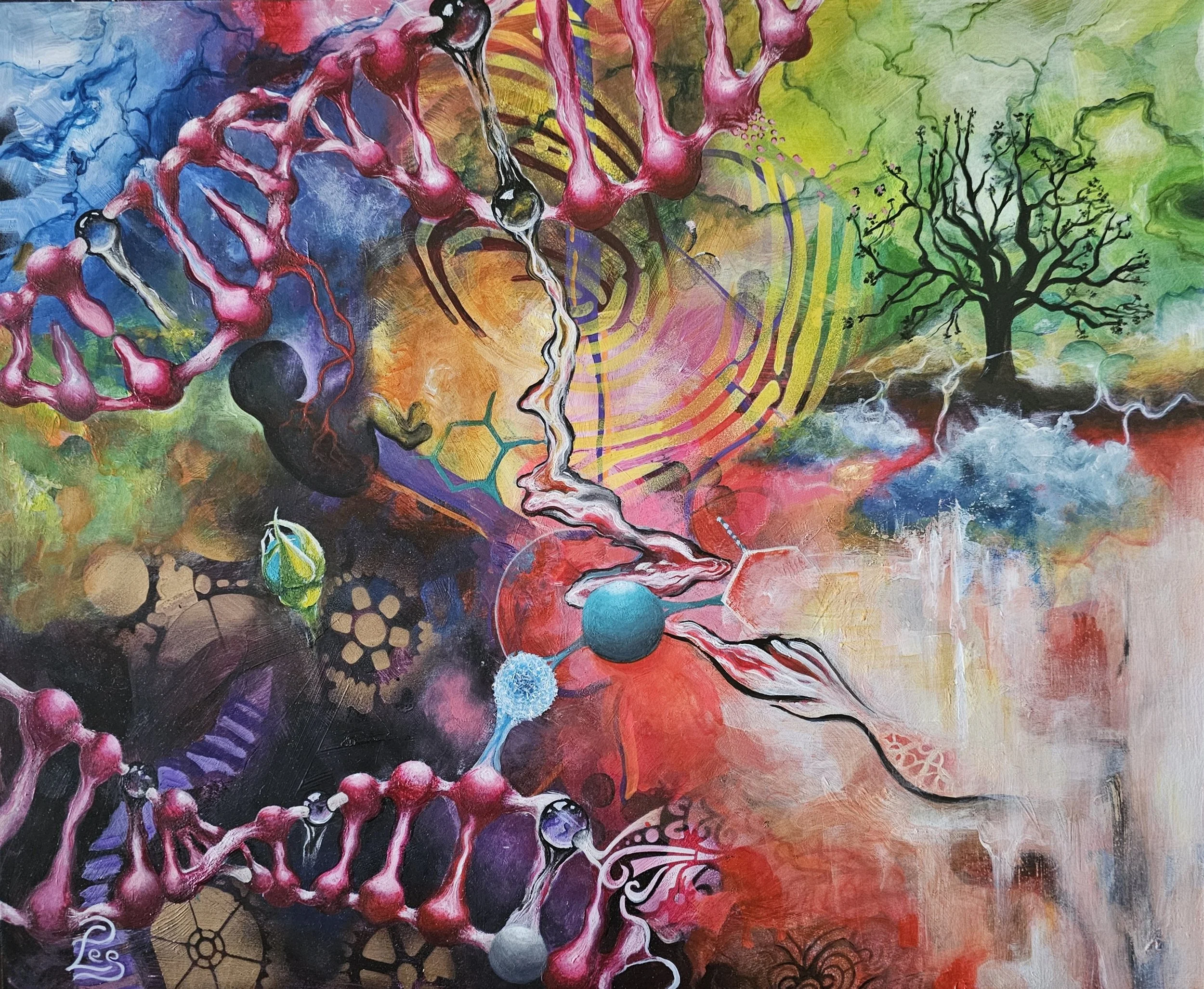 BiomatterScape by Patricia Lee, featuring DNA strands, branching neuron-like forms, organic structures and tree-like shapes layered through vibrant pink, blue, green, orange and purple forms.