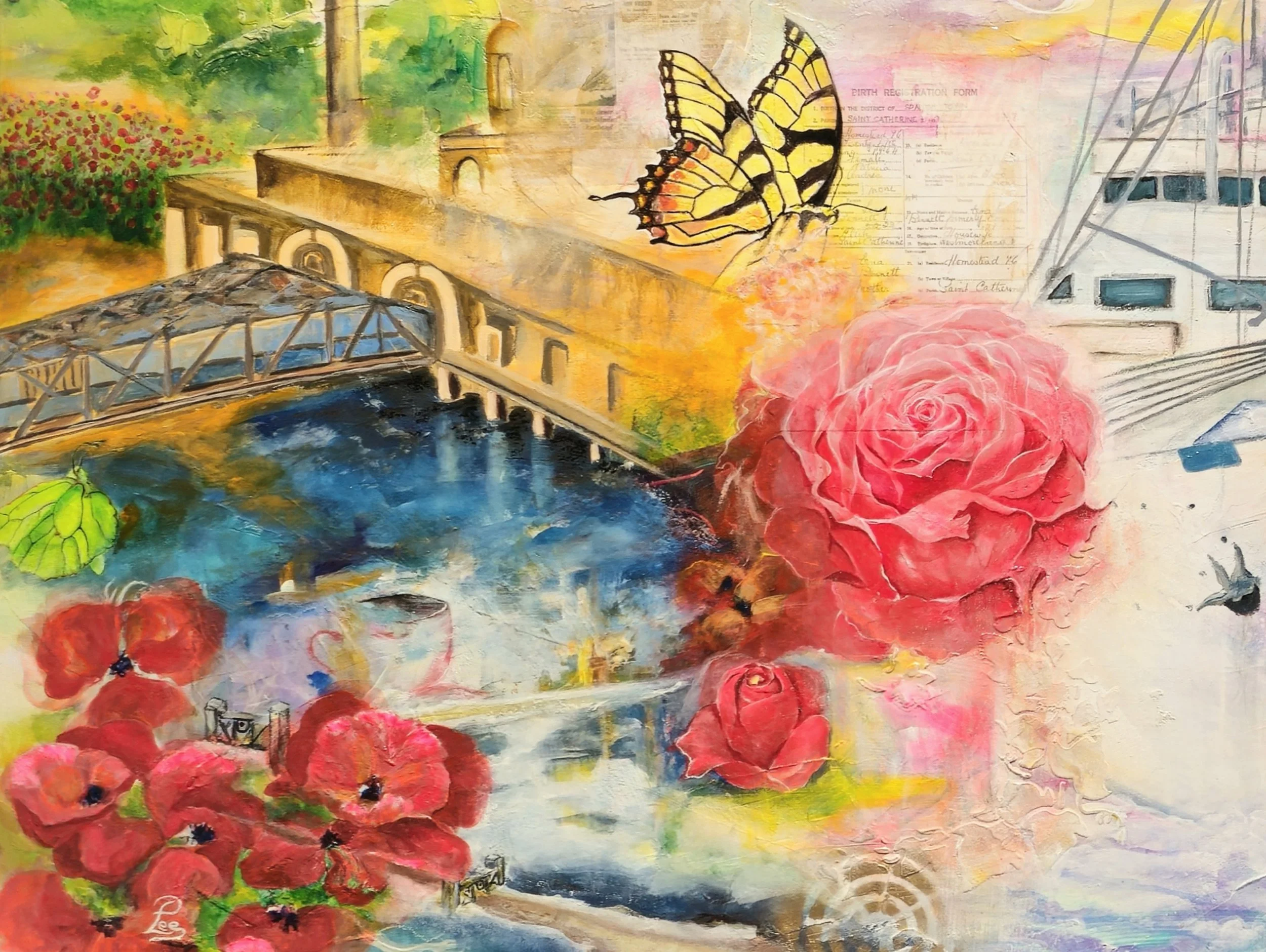 Detail from Windrush: Journey of Discovery by Patricia Lee, showing a bridge, cityscape, butterfly and roses within the symbolic migration landscape.