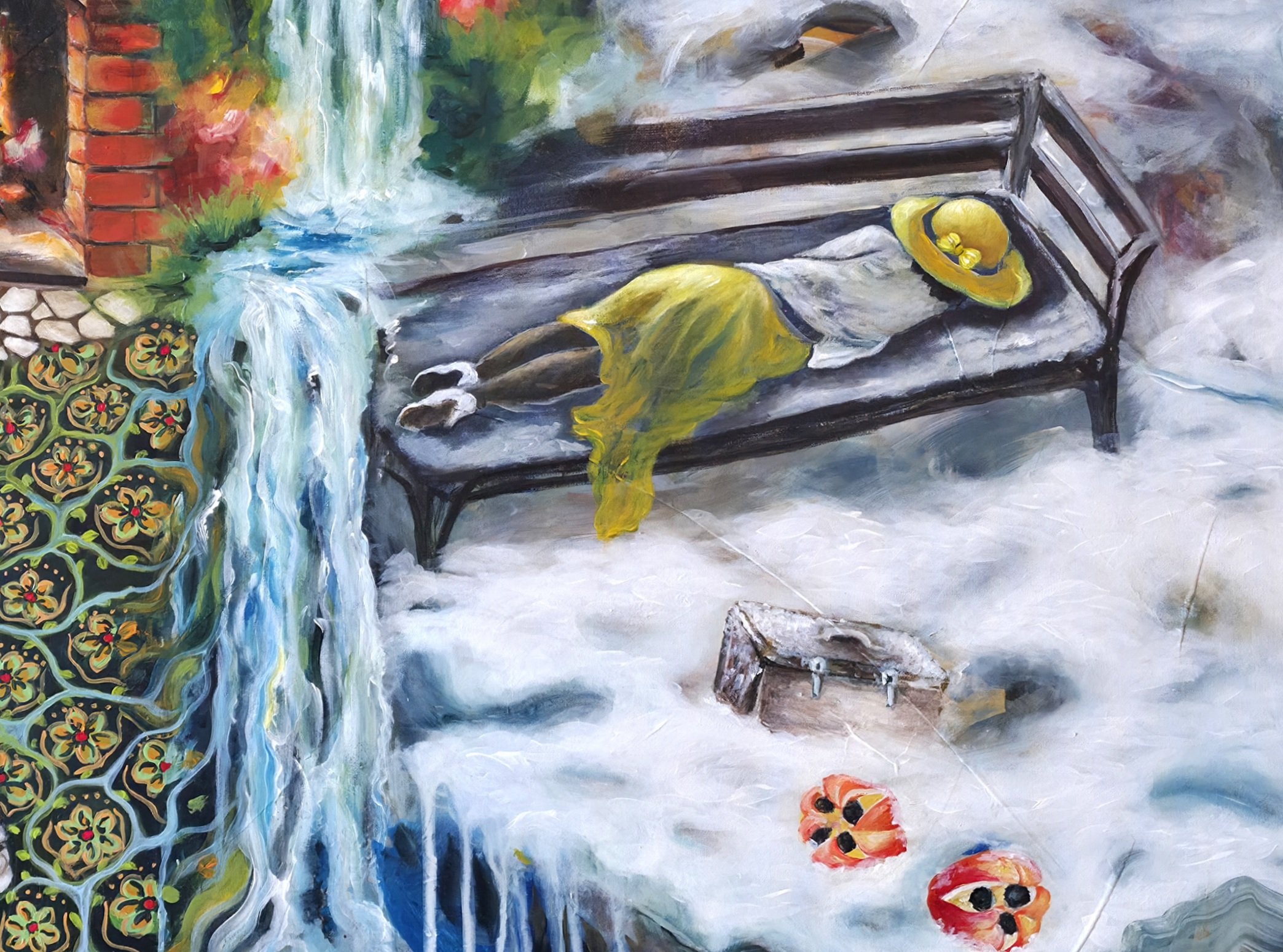 Detail from Dis Place by Patricia Lee, featuring a woman sleeping on a bench surrounded by snow, with flowing water, ackees against a wintry landscape.