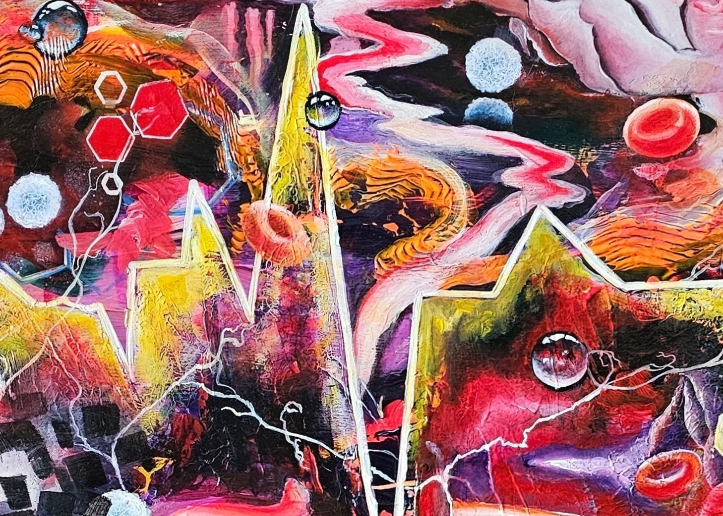 BiomatterScape by Patricia Lee, detailing abstract painting featuring vibrant colors, geometric shapes, and floating spheres, with a mix of bright pinks, reds, oranges, purples, blues, and black.