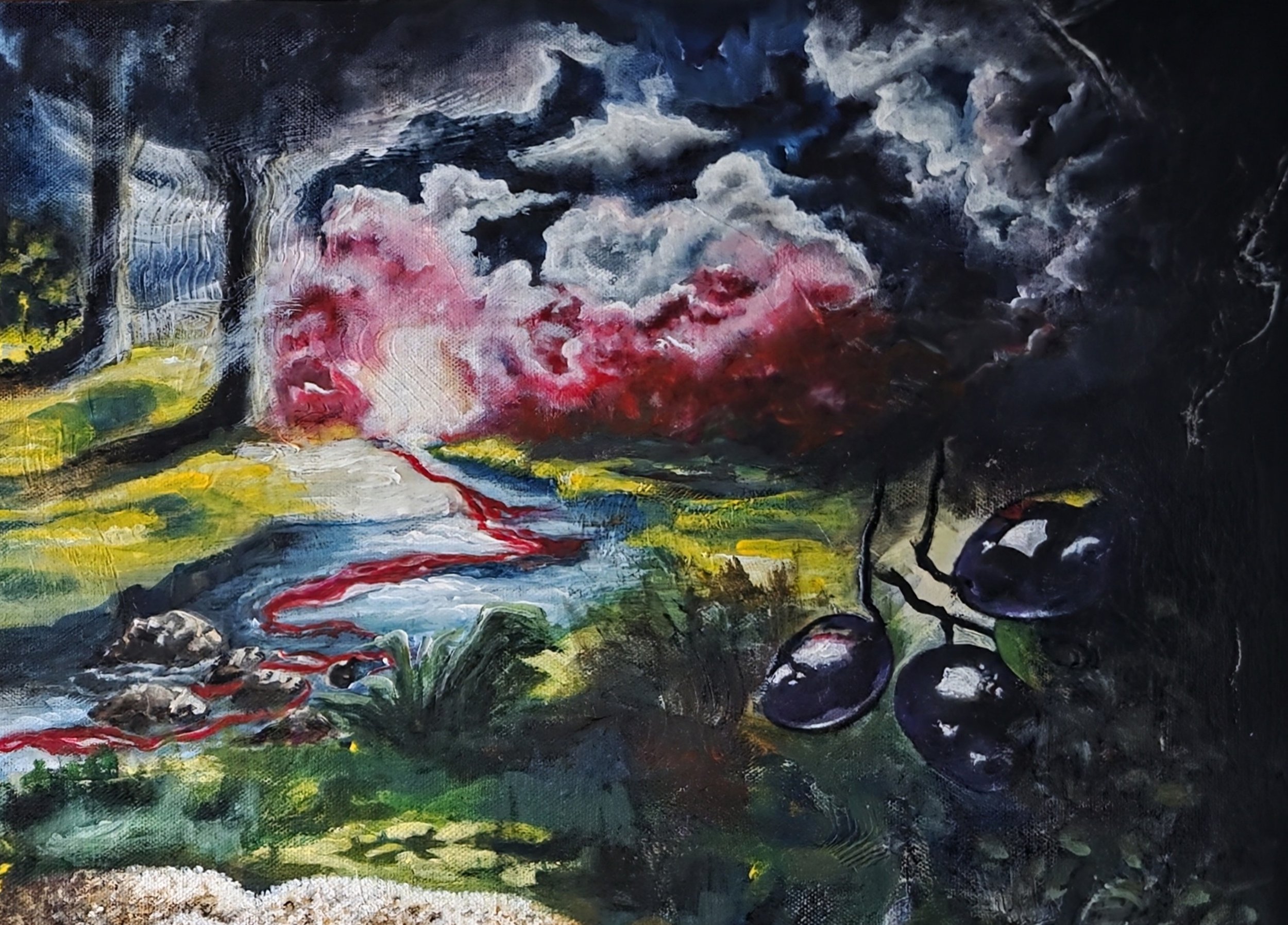 Detail from As The Night Watch Sleeps by Patricia Lee, showing dramatic storm clouds, a surreal sky and richly layered landscape forms, with symbolic blood flowing down a stream.