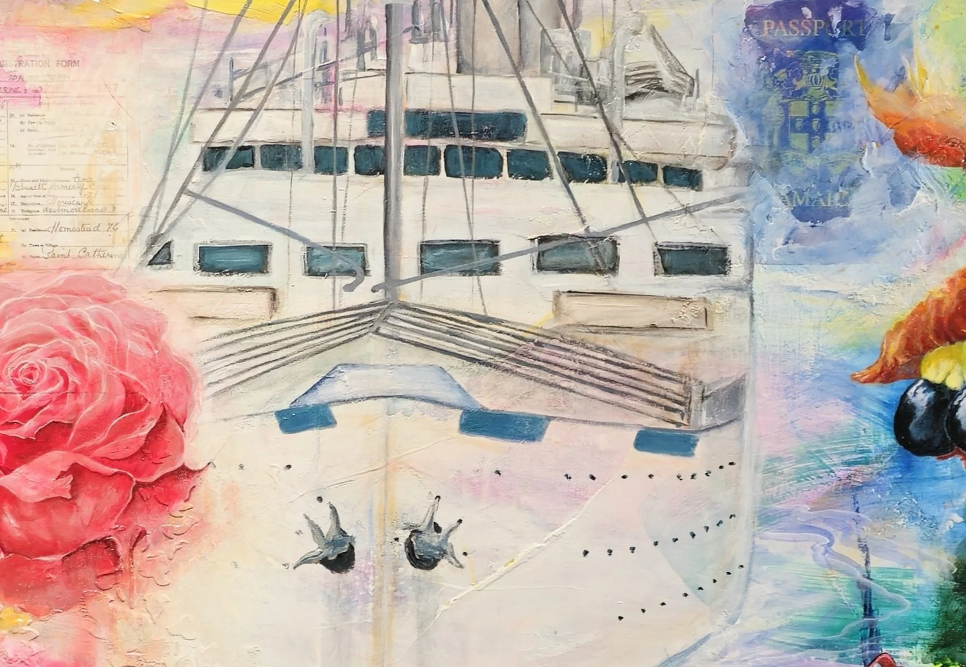 Detail from Windrush: Journey of Discovery by Patricia Lee, featuring Empire Windrush ship, water, red rose on the left, ackee on the right and layered symbolic imagery reflecting the Windrush journey and migration.