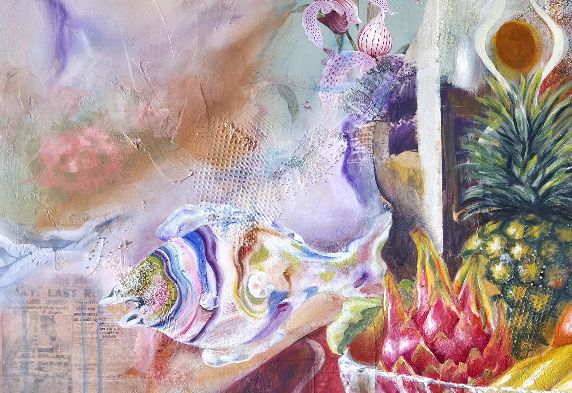 Detail from Firstfruits of the Windrush Generation by Patricia Lee, featuring pineapples, dragon fruit, a glass fish and layered floral, patterned and textured elements.