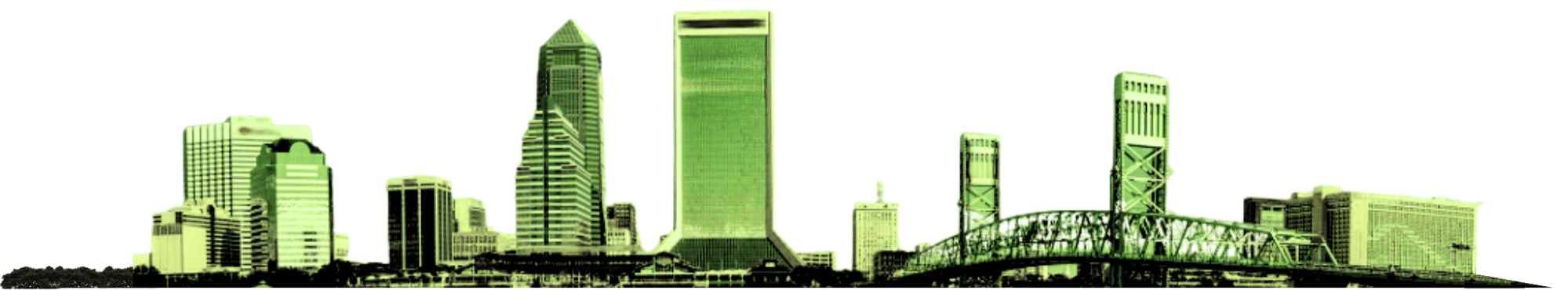 Green-tinted silhouette of the downtown Jacksonville, FL skyline with various skyscrapers and a bridge.