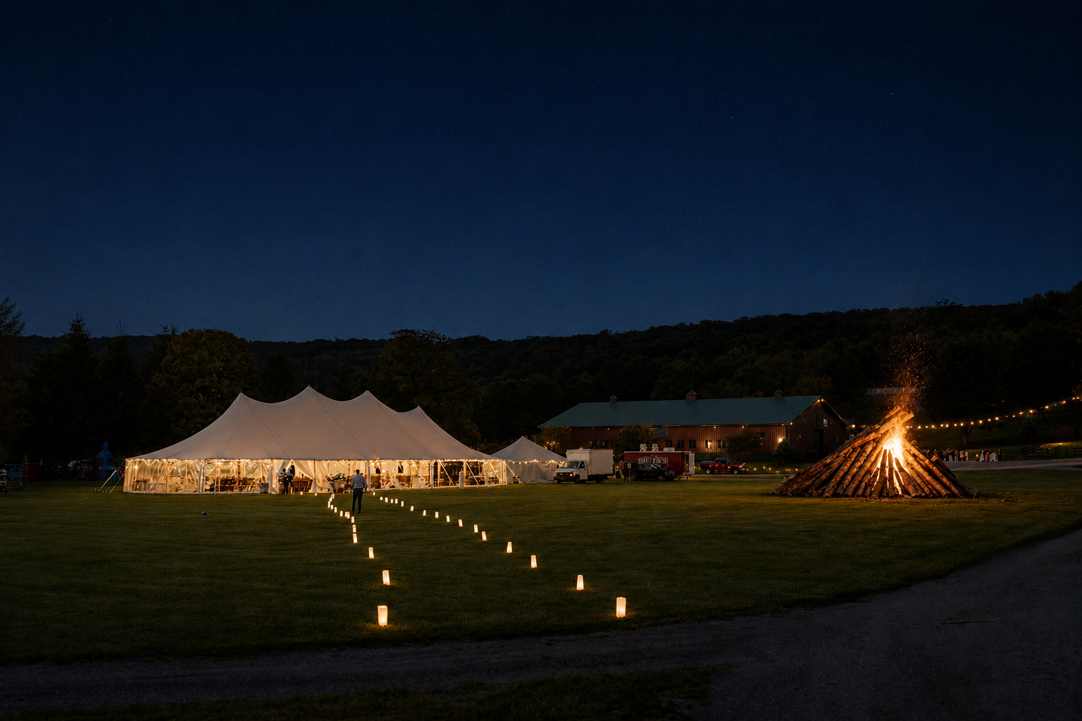 Nighttime outdoor event with a large illuminated tent, a bonfire, and string lights on a grassy field with trees and buildings in the background.