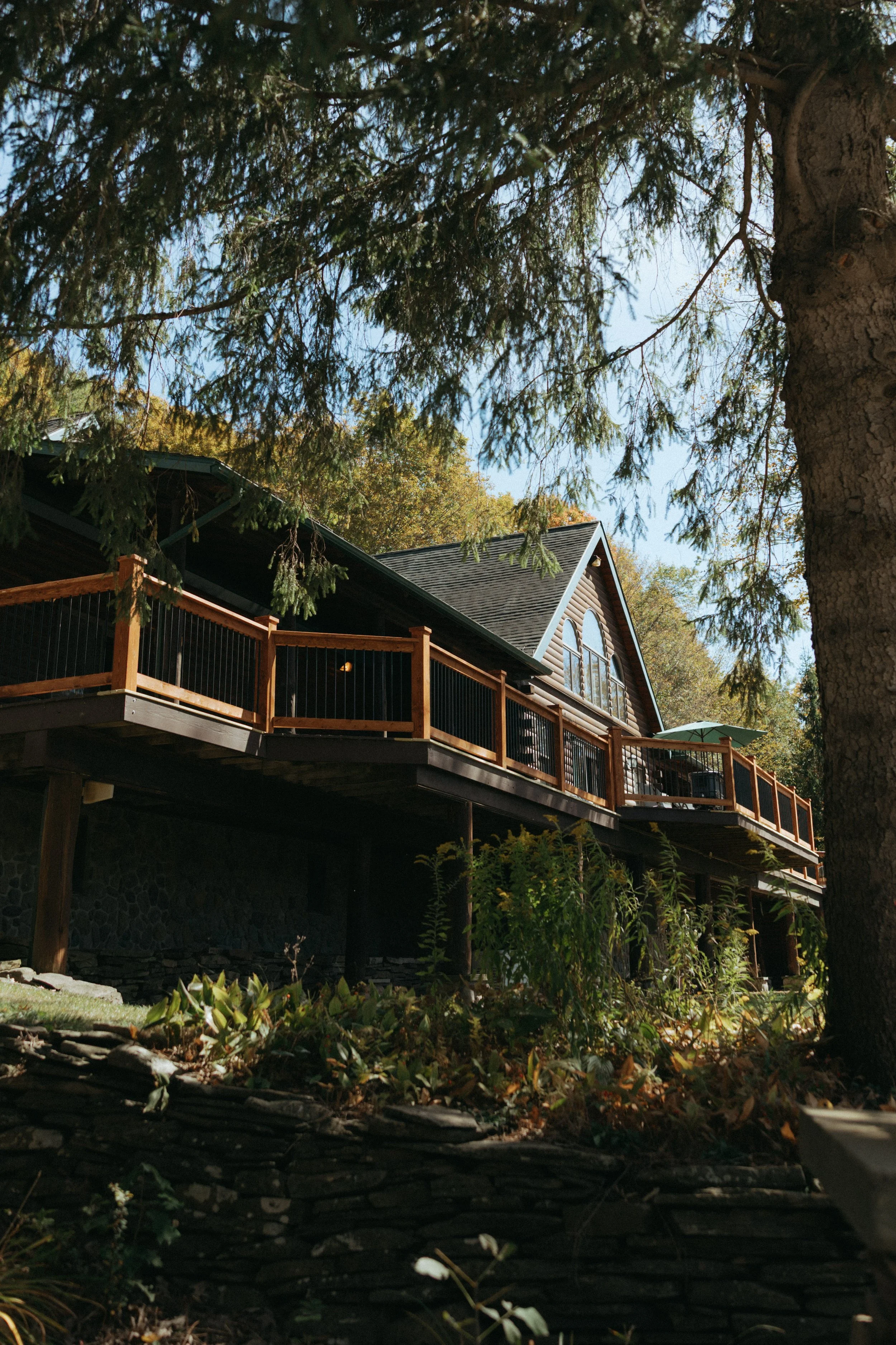View of a large house with a deck, surrounded by trees and foliage, with sunlight shining through the branches.