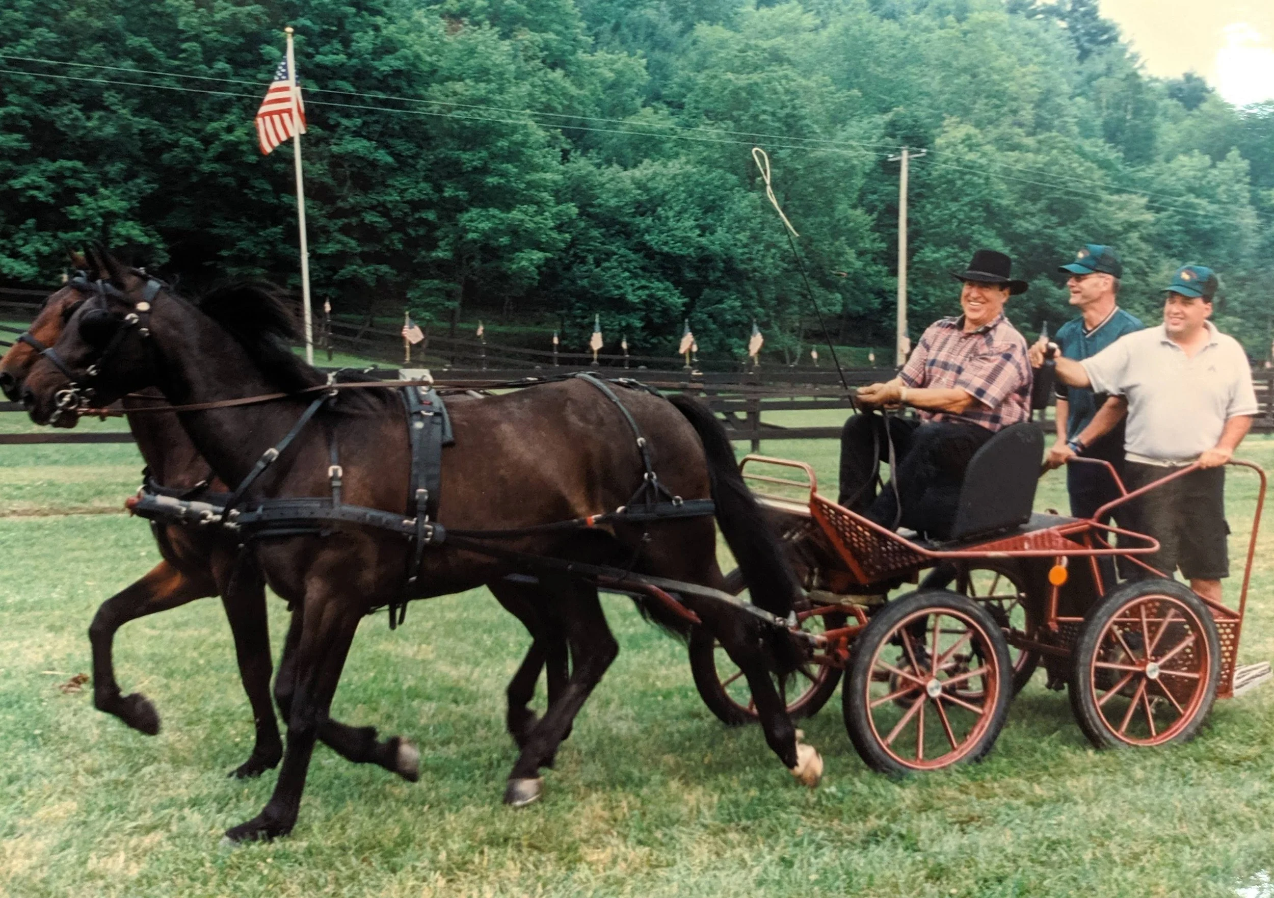 A horse-drawn carriage with three men sitting in the carriage, smiling, and a person driving the horse. The background features a green, wooded area, and American flags are visible along a fenced area.