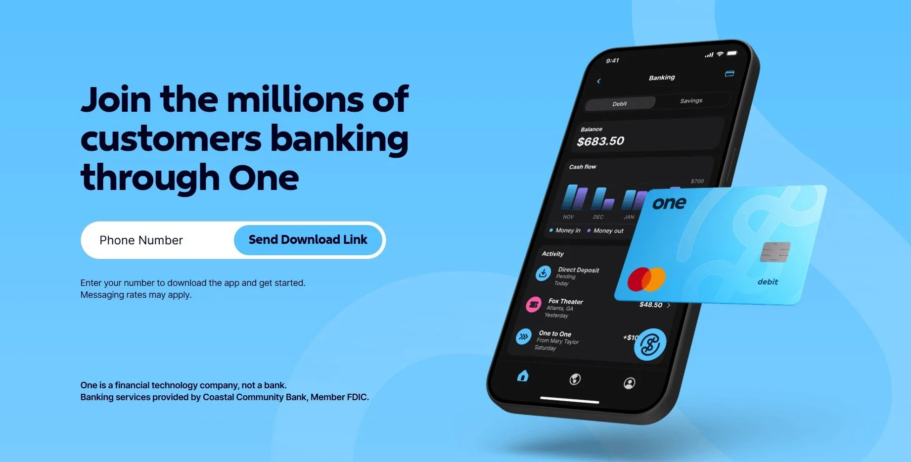 A promotional webpage showing a mobile banking app with a blue background. The text reads "Join the millions of customers banking through One" with a call-to-action button labeled "Send Download Link". The page features a smartphone screen displaying a banking app interface, including a balance cash flow graphs, and recent activity. There is also a blue debit card and information about downloading the app.