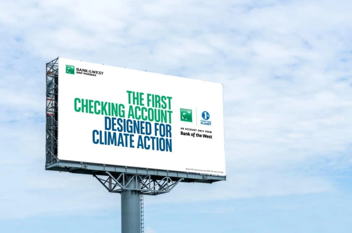 Billboard with the logo of Bank of the West and a message promoting climate action and first checking accounts designed for climate action.