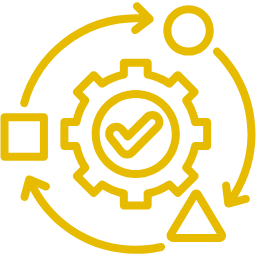 Yellow gear icon with a checkmark inside, surrounded by arrows and geometric shapes, representing process or workflow.