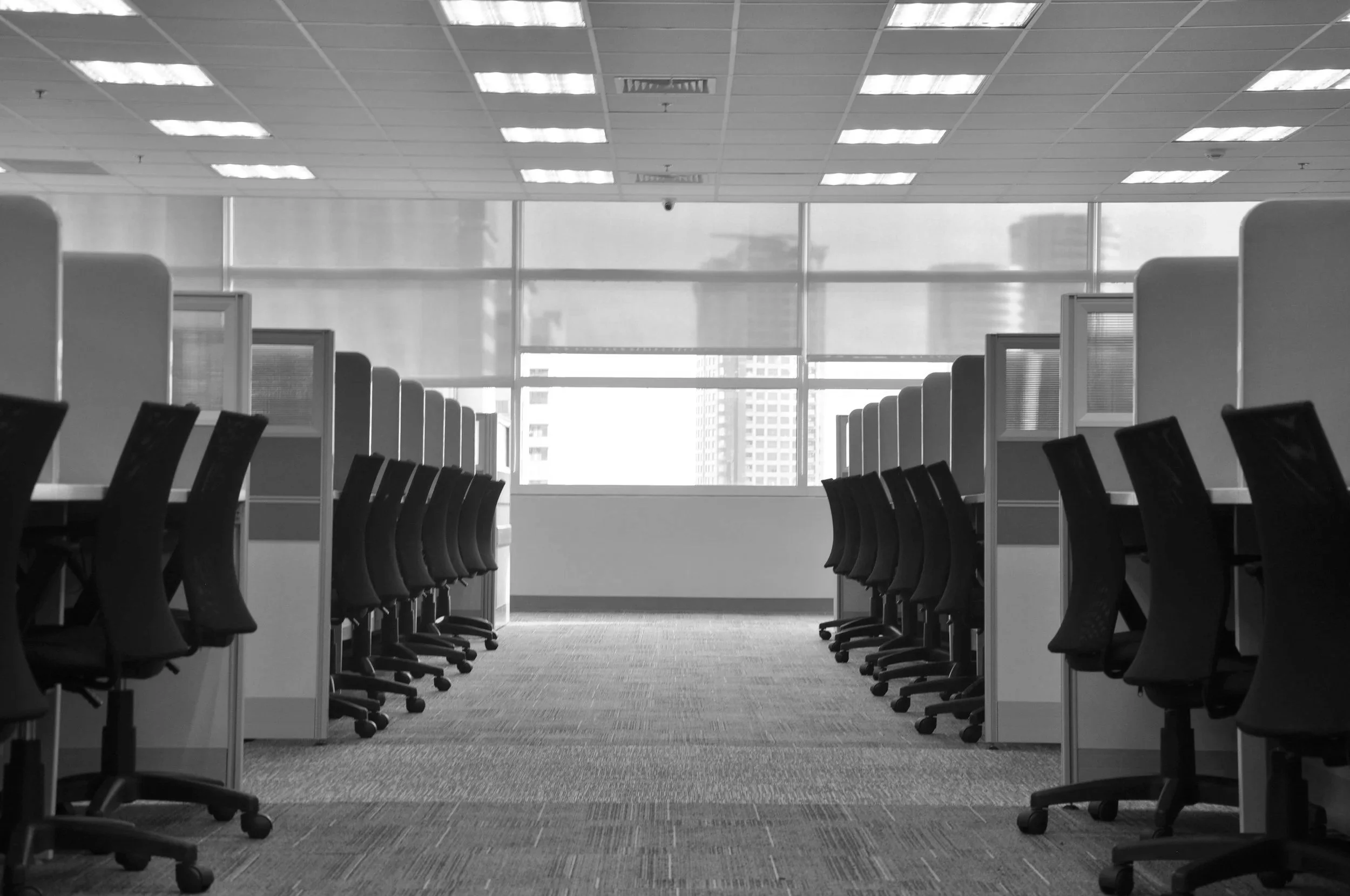 Empty modern office space with rows of desks and chairs, large windows with cityscape view, and a ceiling with fluorescent lights.