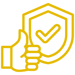 A yellow outline of a hand giving a thumbs-up beside a shield with a checkmark inside.