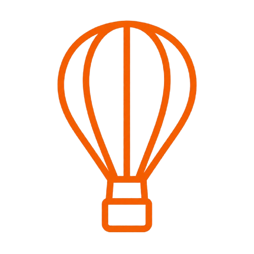 Outline of a hot air balloon in orange color on a black background.