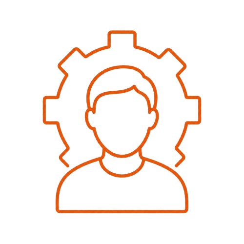Outline of a person with a gear behind their head, representing a concept of engineering or technical expertise.