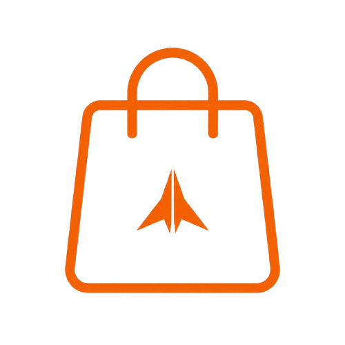 A shopping bag with a rocket icon on it, in orange outline, on a black background.