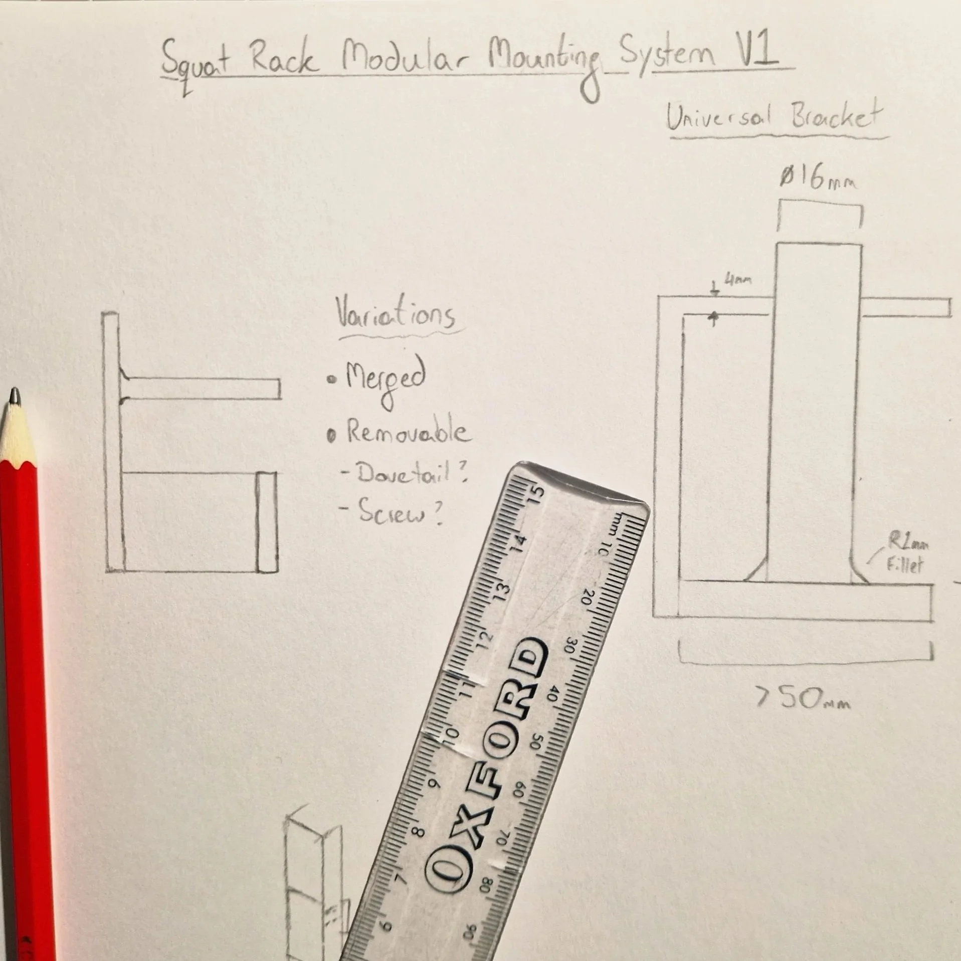 Hand-drawn sketch of a modular squat rack system with various options, including a universal bracket, adjustable parts, and measurements, with a ruler and pencil nearby.