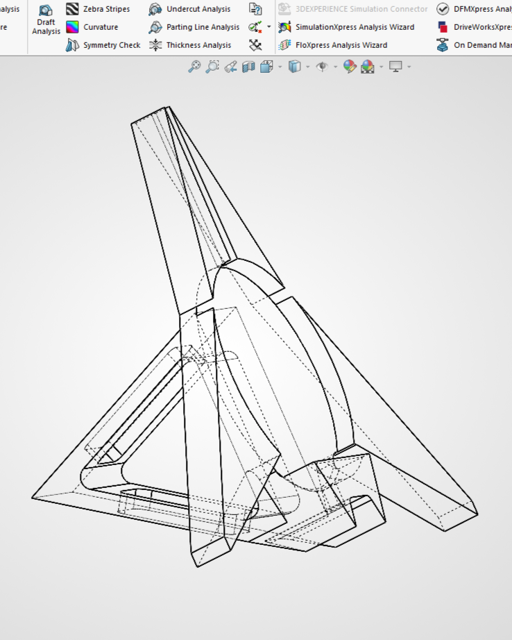 3D wireframe model of an aircraft with sharp, angular design, featuring fins and aerodynamic surfaces.
