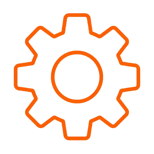 Orange gear icon on a black background