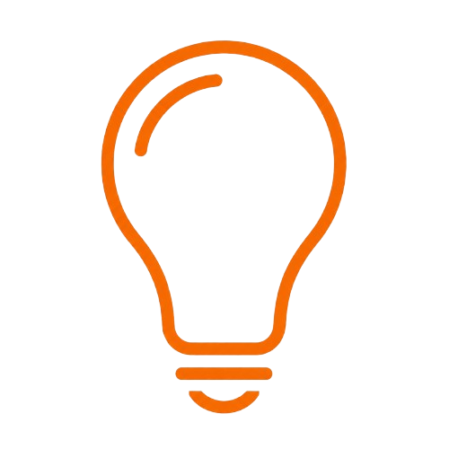 Outline of a light bulb illuminated with an orange glow on a black background.