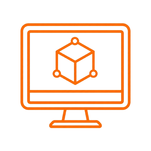 Computer monitor displaying a 3D cube with anchor points, representing 3D modeling or graphics software.