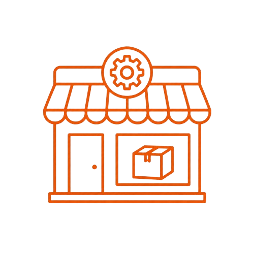 Icon of a storefront with an orange gear above it, and a box with a gear symbol inside a window display.