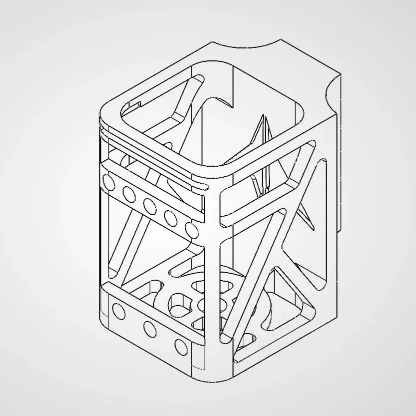 A black-and-white technical line drawing of a rectangular metal frame with various cutouts and supports, likely a mechanical or structural component.