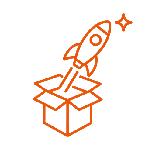 Rocket launching from a box, with a star nearby, in a simple line drawing.