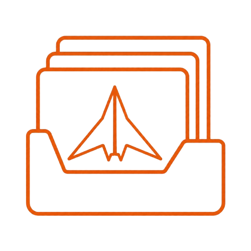 Folder organizer with colorful folders and a paper airplane icon in the front.