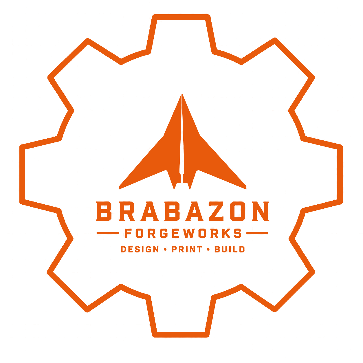 Logo for Brabazon ForgeWorks featuring a gear outline with a central scout arrow and the text "BRABAZON FORGEWORKS DESIGN PRINT BUILD" in orange.