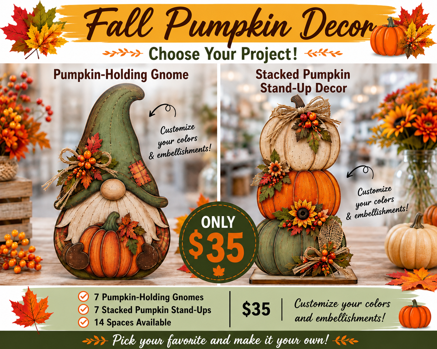 09/19, 10:00 AM | Fall Gnome & Pumpkin Decor