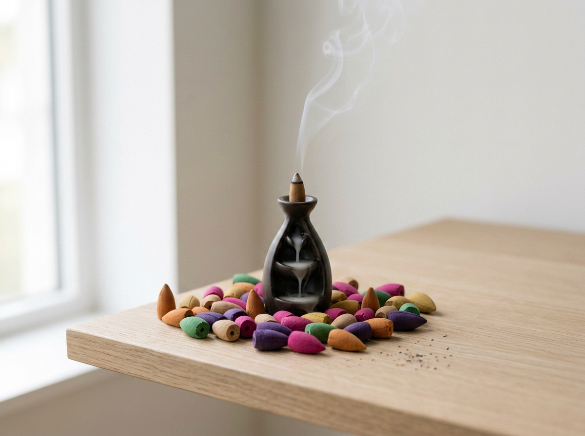 A small black incense holder with a cone-shaped incense emitting smoke, surrounded by colorful beads on a wooden surface near a window.