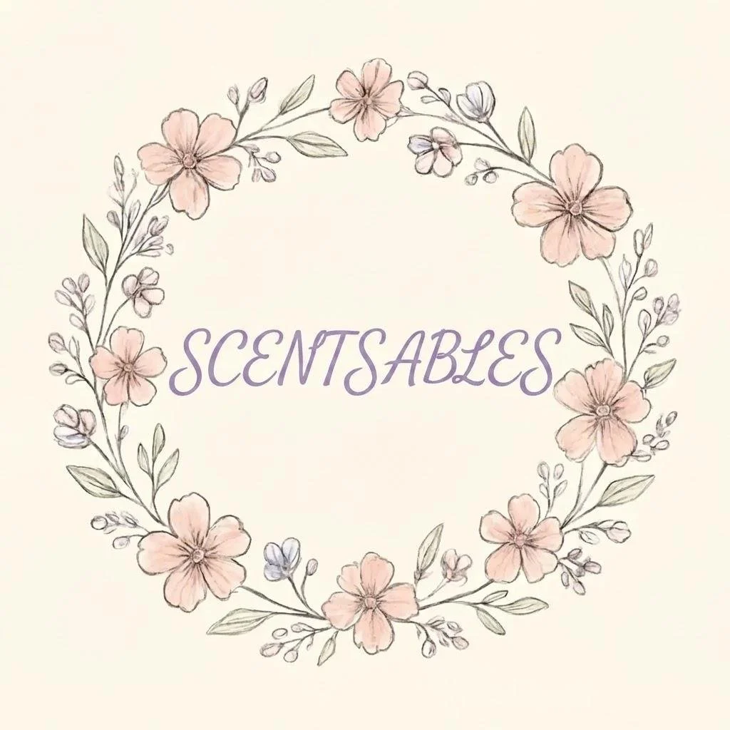 A floral wreath with pink and light purple flowers surrounds the word "SCENTSABLES" written in purple cursive font on a light background.