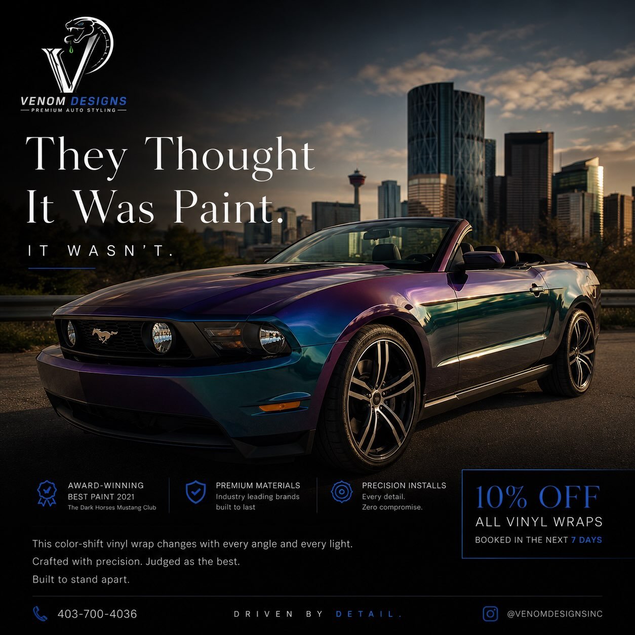 They thought it was paint.

It wasn&rsquo;t.

This Mustang was transformed using a premium color-shift vinyl wrap that changes from deep violet to emerald green as the light moves across the body.

At a local Mustang event, it took home Best Paint.

