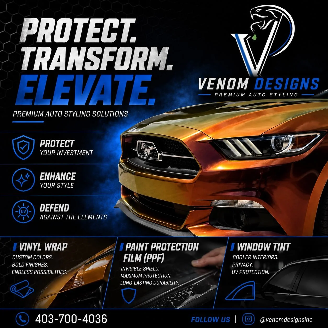 🚗 Protect. Transform. Elevate.
Your vehicle deserves more than basic protection&mdash;it deserves a premium finish.
At Venom Designs, we specialize in:
🔥 Vinyl Wraps
🛡️ Paint Protection Film (PPF)
🕶️ Window Tint
Whether you&rsquo;re looking to pr