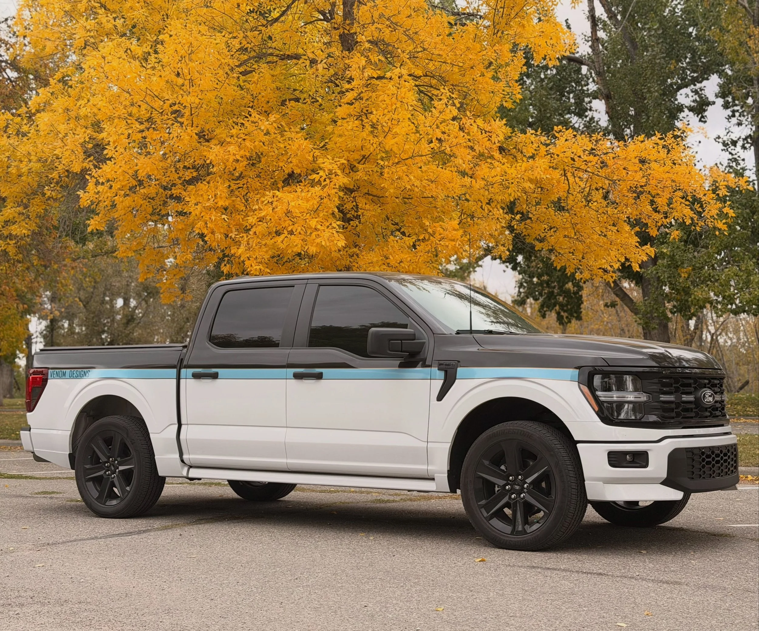 Golden hour hits different when the leaves match the energy.

Rocking a clean two-tone black-over-white with that signature light-blue Venom stripe cutting through the fall colors. Blacked-out wheels, aggressive front end, and just the right amount o