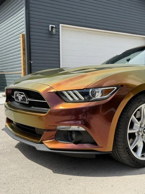 Close-up of a gold and bronze-colored Ford Mustang with a partially visible background of a blue garage door and gray building.