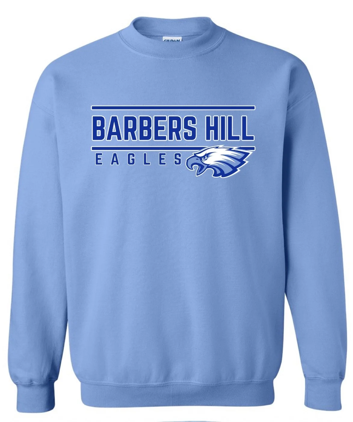 Blue crewneck sweatshirt with 'Barbers Hill Eagles' text and eagle logo.