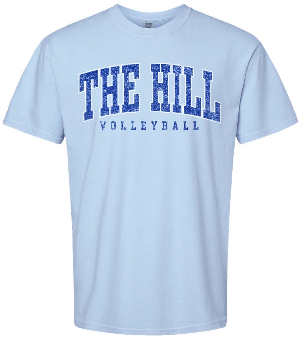 Light blue T-shirt with text 'The Hill Volleyball' printed in blue on the front.