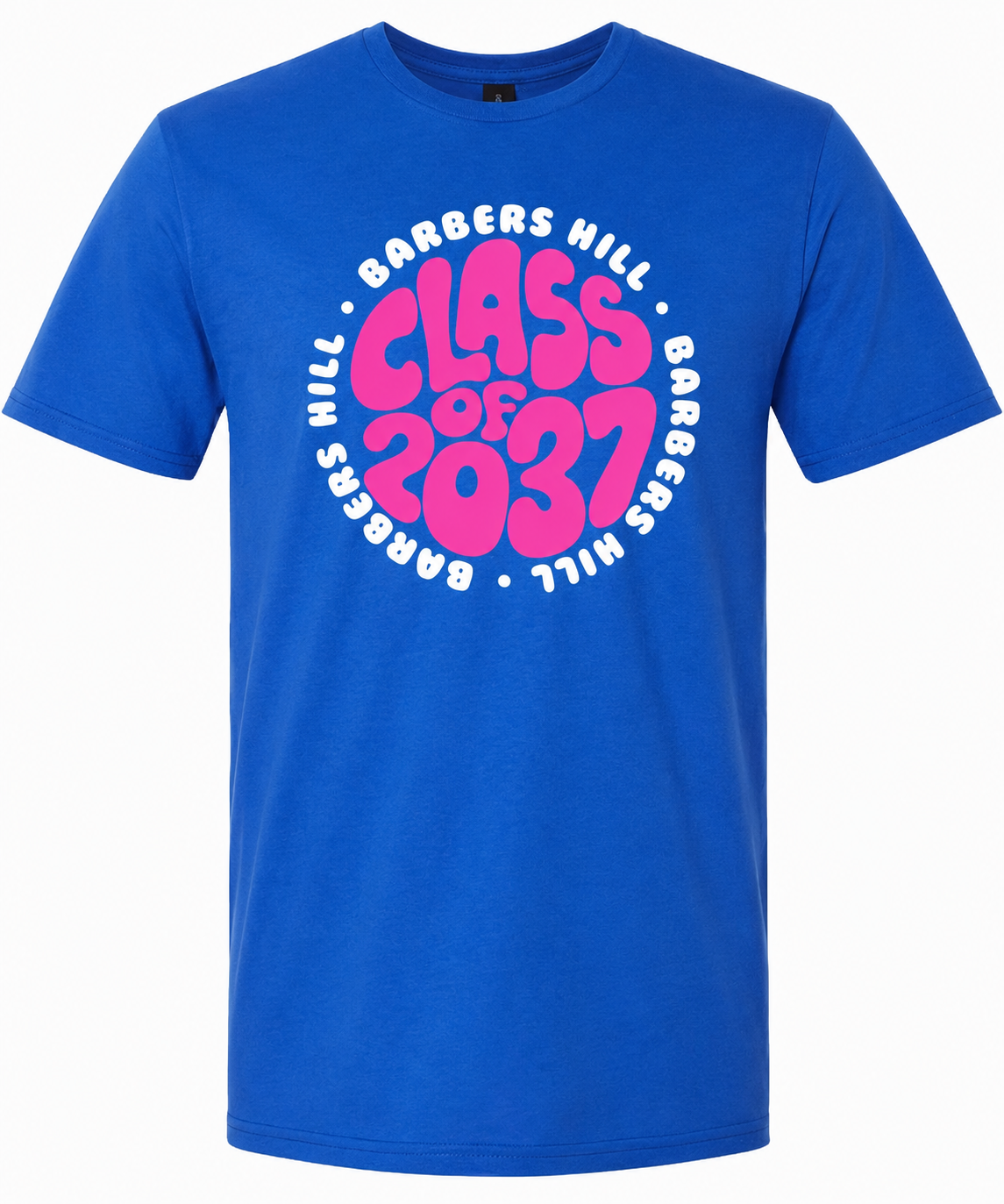 Blue T-shirt with pink and white text reading 'Class of 2021' surrounded by the words 'Barbers Hill' repeated in a circle.