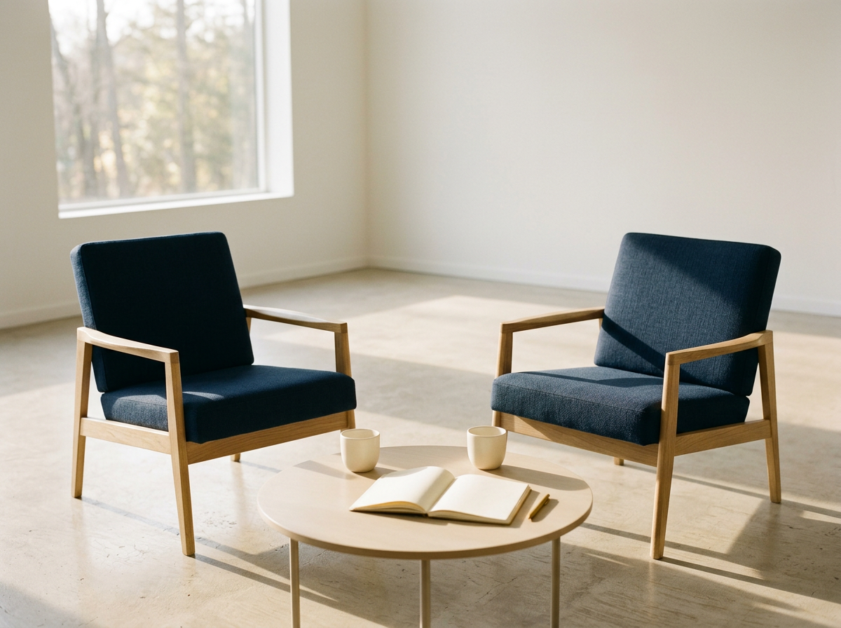 Two blue upholstered armchairs with wooden frames facing each other in a bright, empty room with two cups, an open book, and a pen on a round wooden table between them.