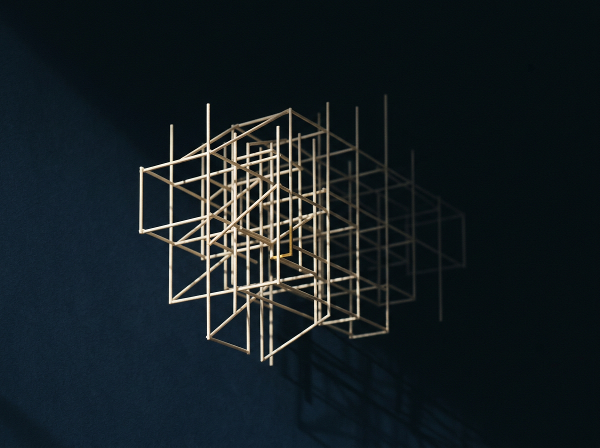 A modern geometric wall art sculpture made of interconnected wooden or metal frames in a grid pattern, casting shadows on a dark wall.