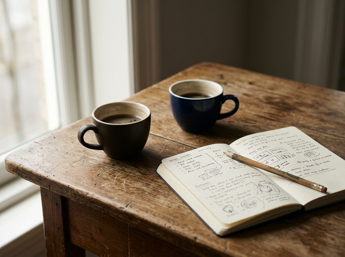 A wooden table near a window with two cups of coffee and an open notebook with handwritten notes and sketches, and a pencil resting on the notebook.