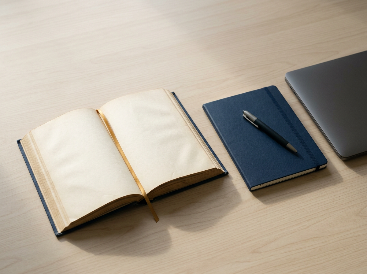 Open blank notebook with a gold ribbon bookmark, closed blue notebook with a black pen on top, and closed silver laptop on a light wood desk.
