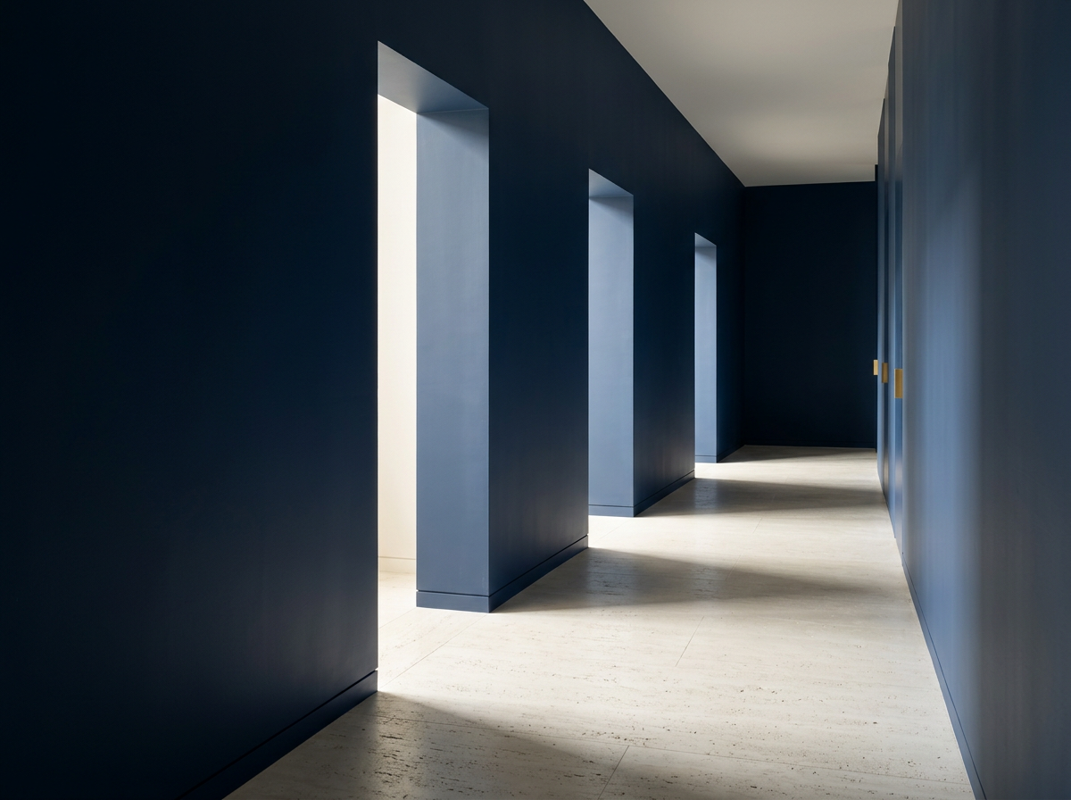 Interior of a modern building hallway painted navy blue with four large openings on the left and two doors with yellow handles on the right, illuminated by natural light.
