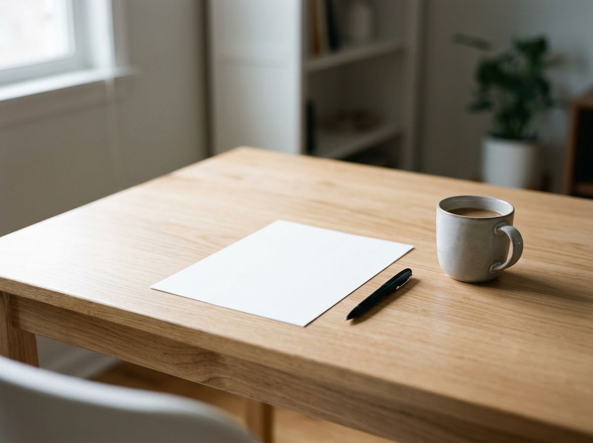 A wooden table with a blank sheet of paper, a black pen, and a gray mug filled with coffee, in a bright room with a window and a bookshelf.