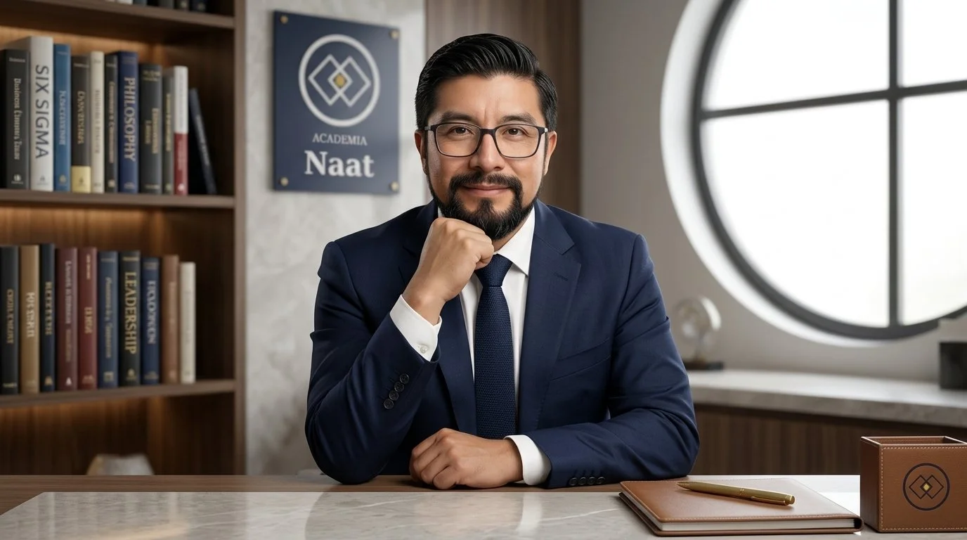 A man in a navy suit and glasses sitting at a desk in an office, with a bookshelf and a sign that reads "Academia Naat" in the background.