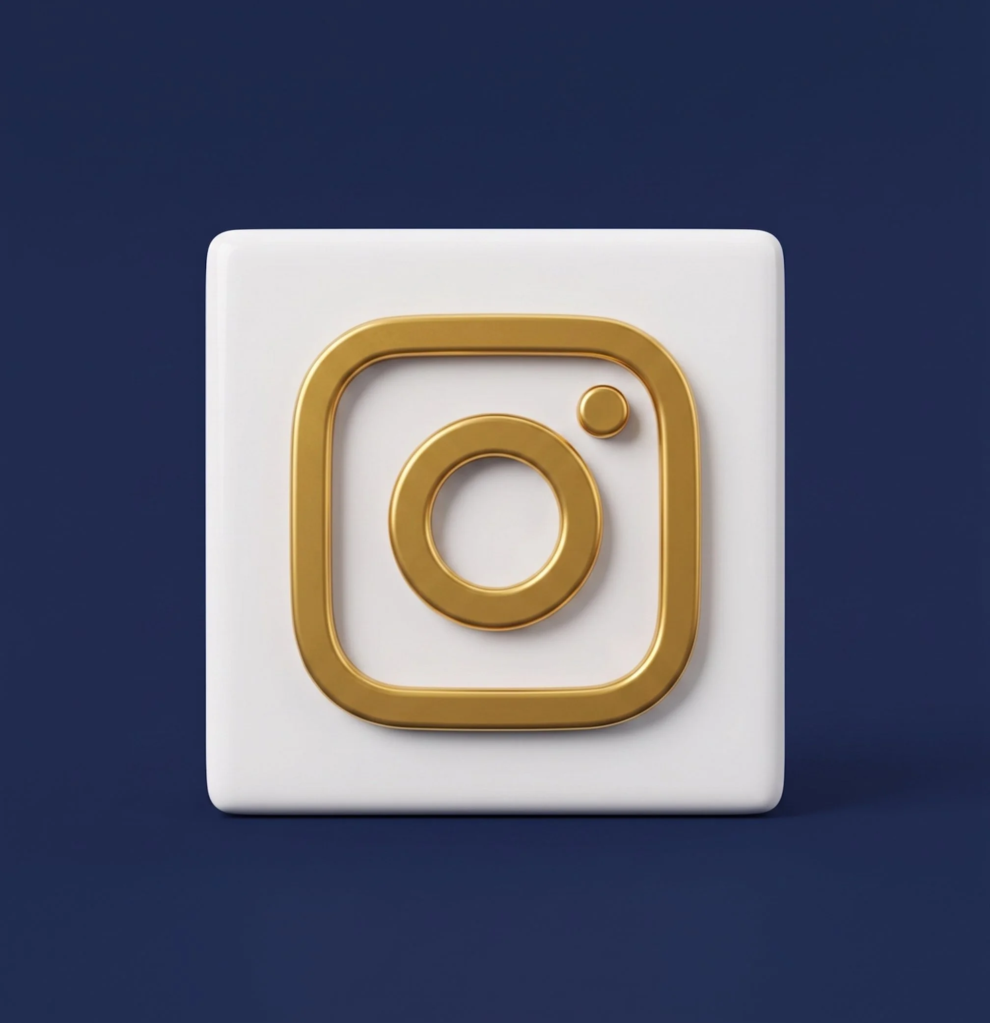 Close-up of a white device with a gold-colored square design element on it, set against a dark blue background.