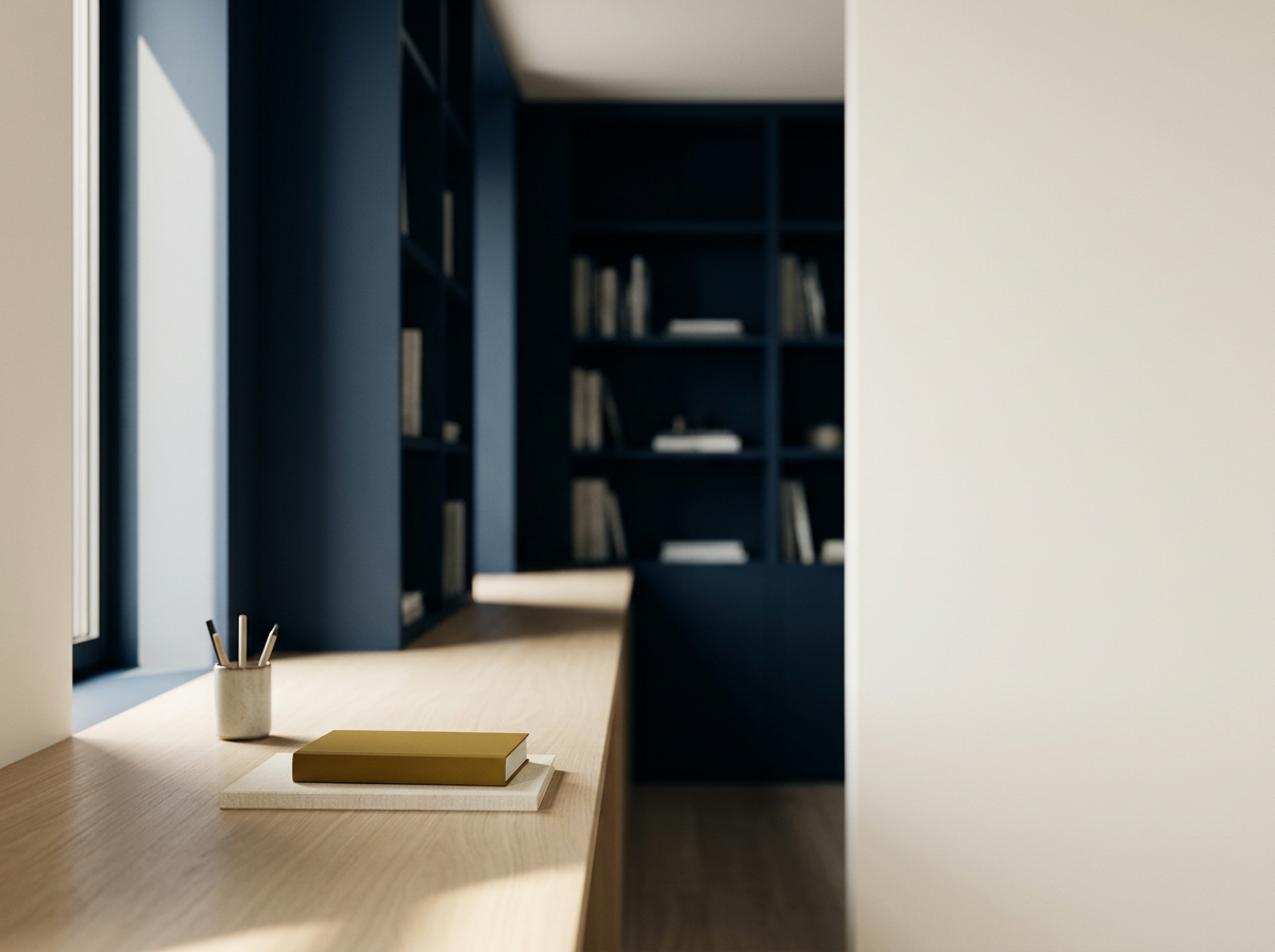 A wooden desk with a beige ceramic cup holding pens and pencils, a closed tan book on a white notebook, near a window in a modern room with dark blue bookshelves filled with books.