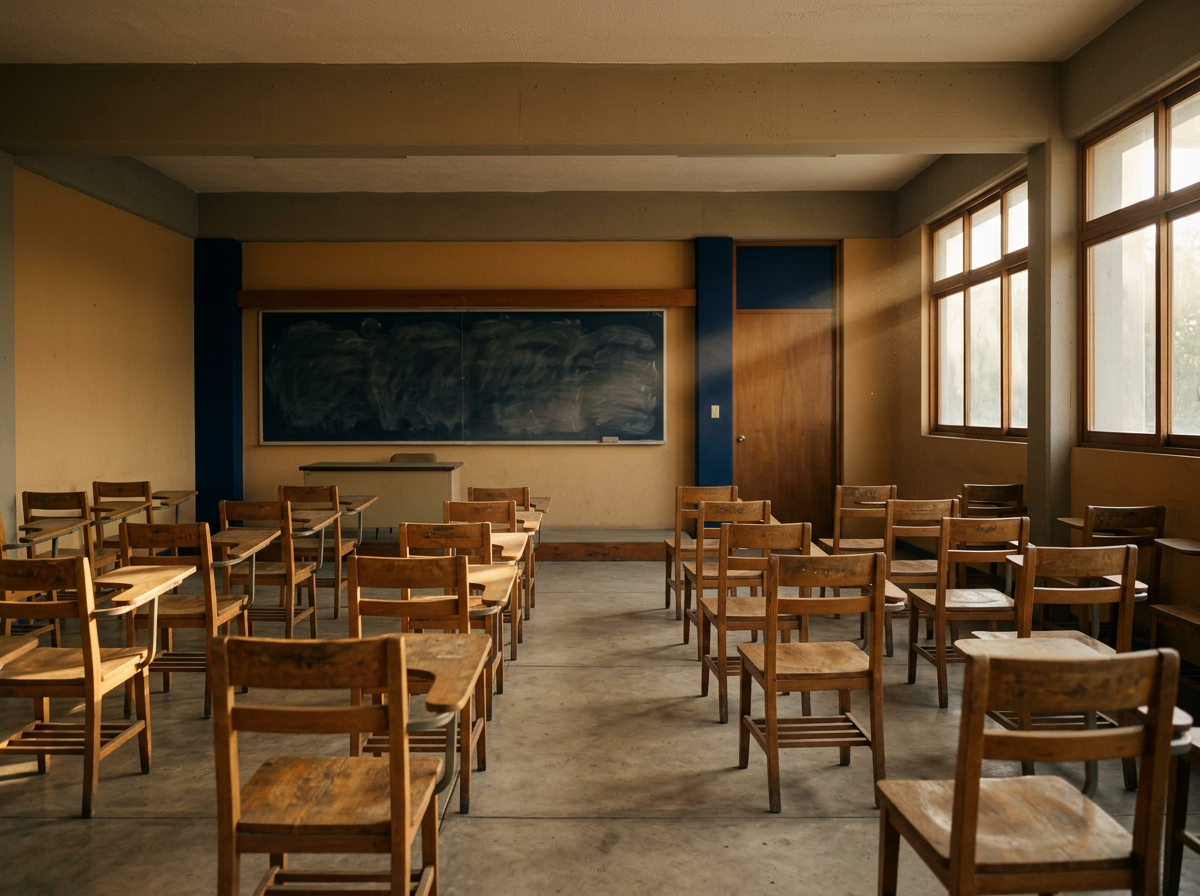 Empty classroom with wooden desks and chairs, a chalkboard at the front, and windows allowing natural light, suggesting a school setting.