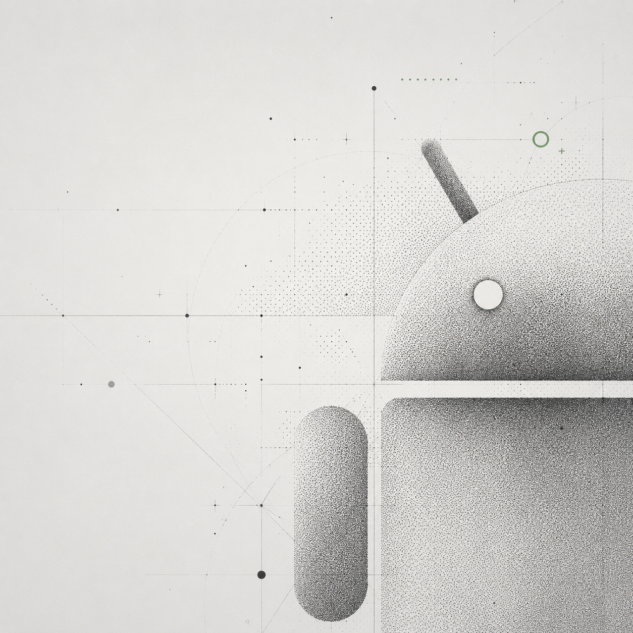 Abstract geometric illustration of the Android logo made with dots and lines, including circles and rectangles, on a white background.